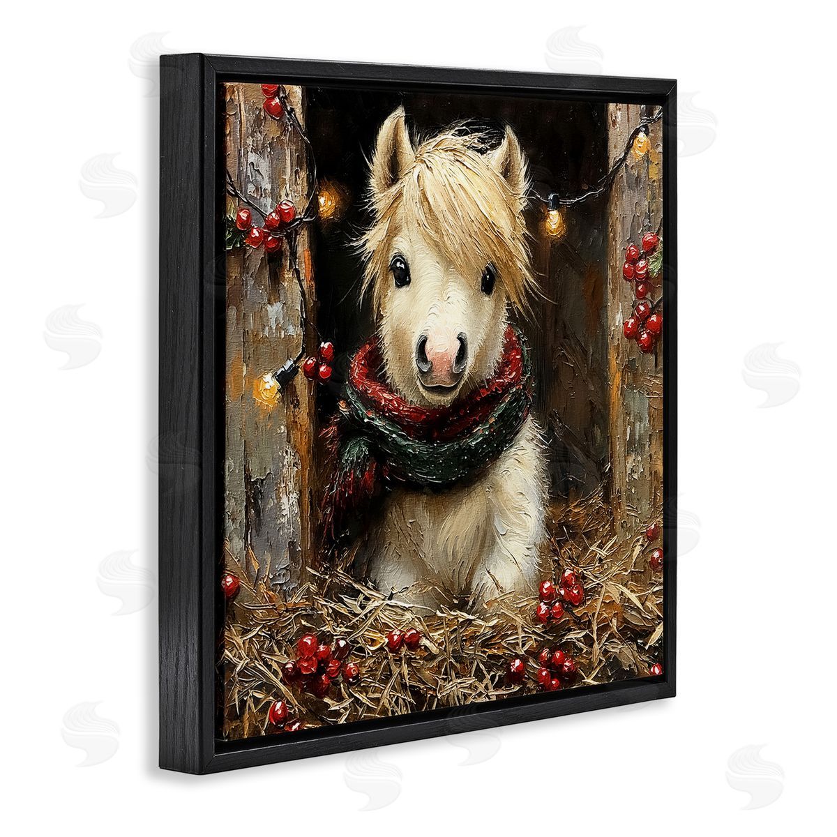 Horse Foal with Holly & Lights Black Floating Frame Canvas Wall Art, Home Decor by Riley B