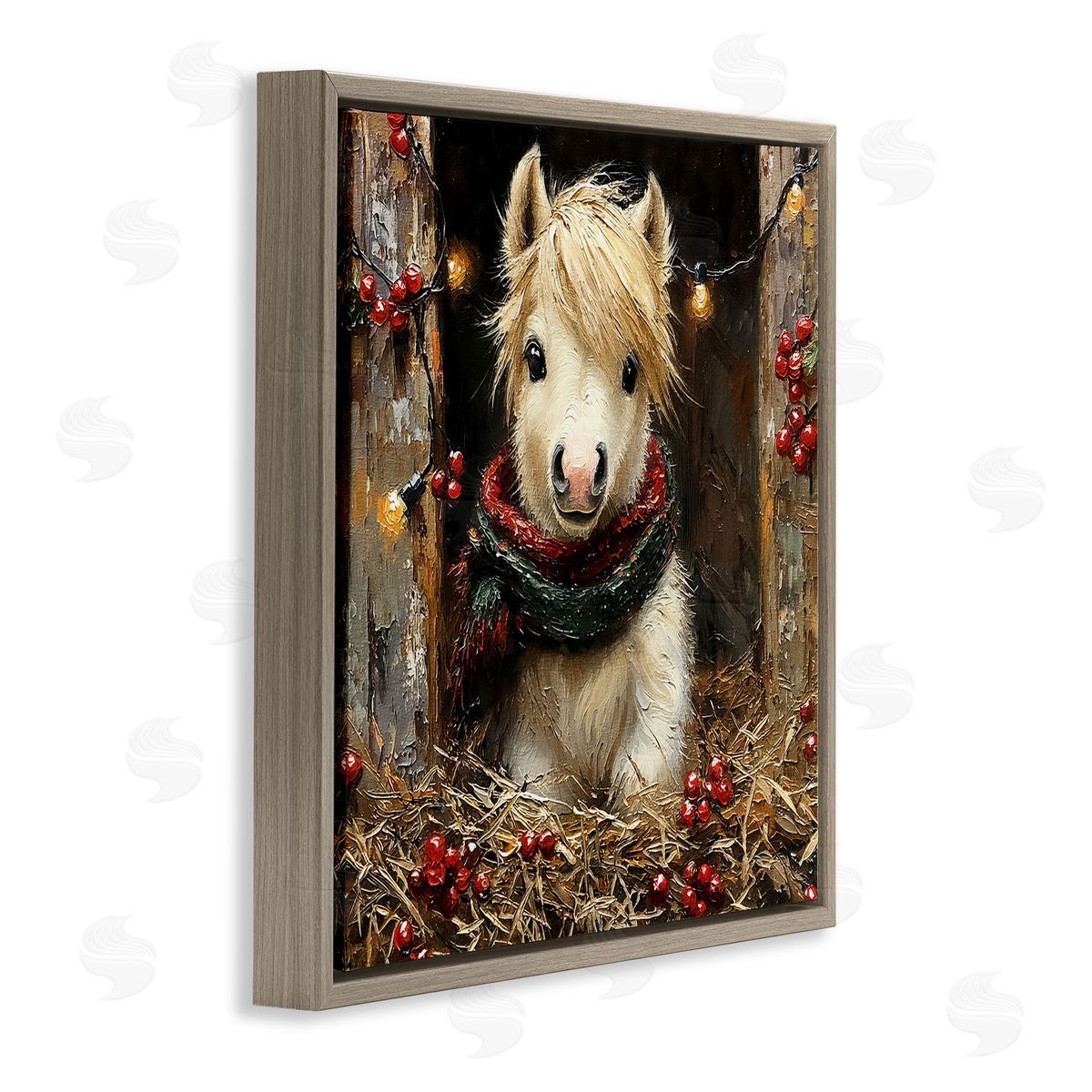 Horse Foal with Holly & Lights Brown Floating Frame Canvas Wall Art, Home Decor by Riley B