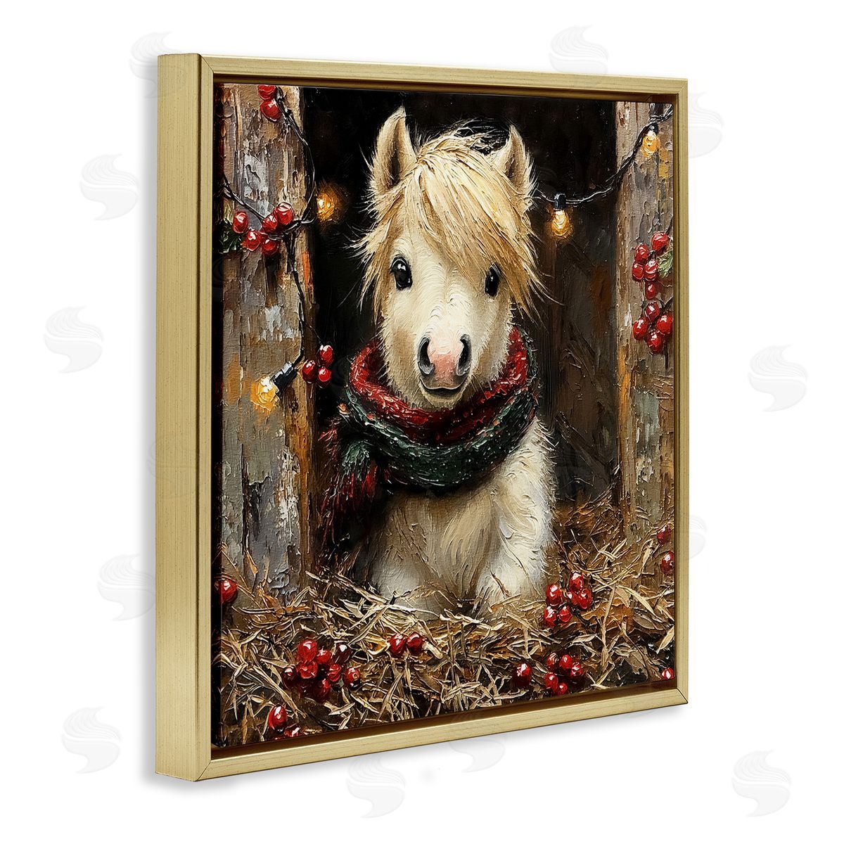 Horse Foal with Holly & Lights Gold Floating Frame Canvas Wall Art, Home Decor by Riley B
