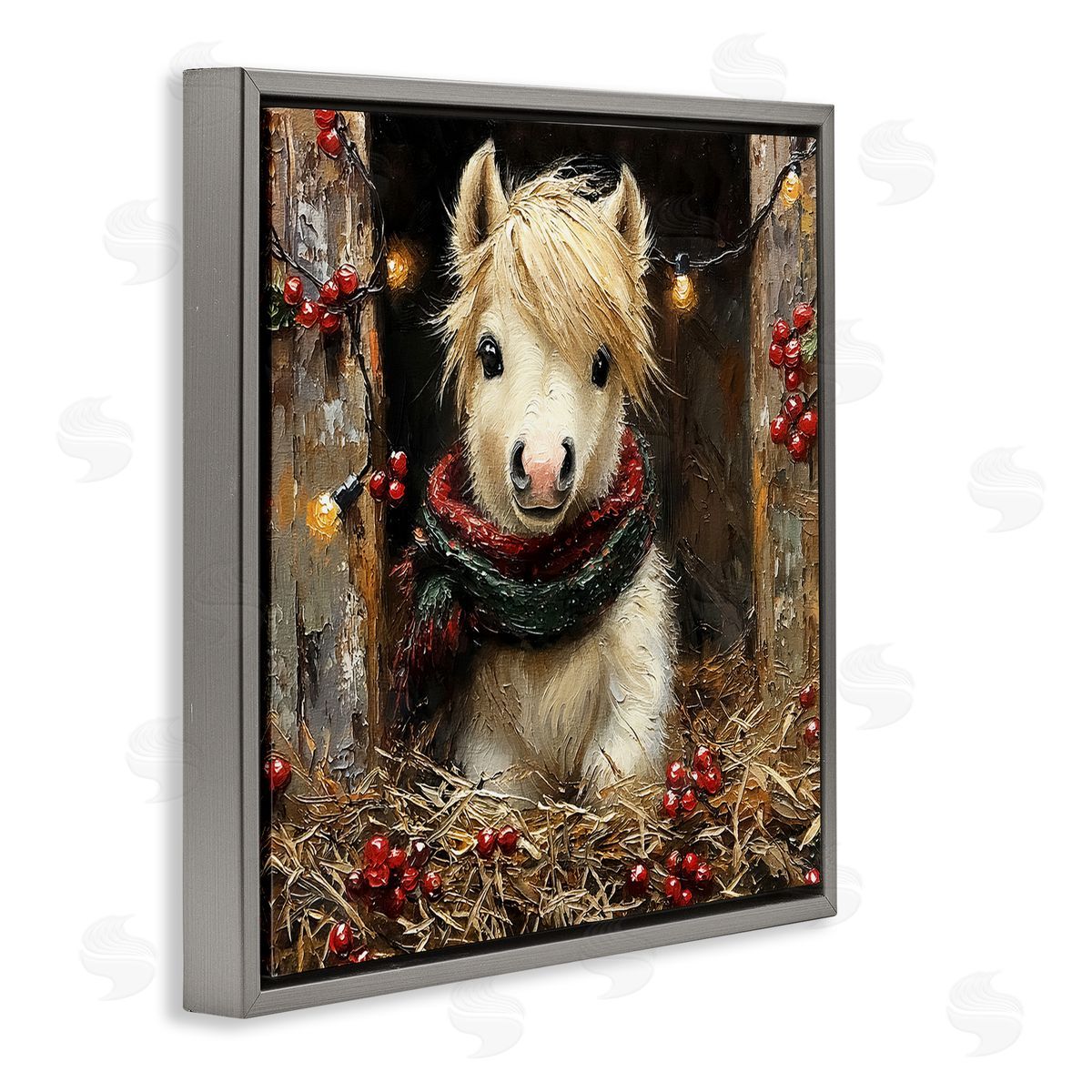 Horse Foal with Holly & Lights Grey Floating Frame Canvas Wall Art, Home Decor by Riley B