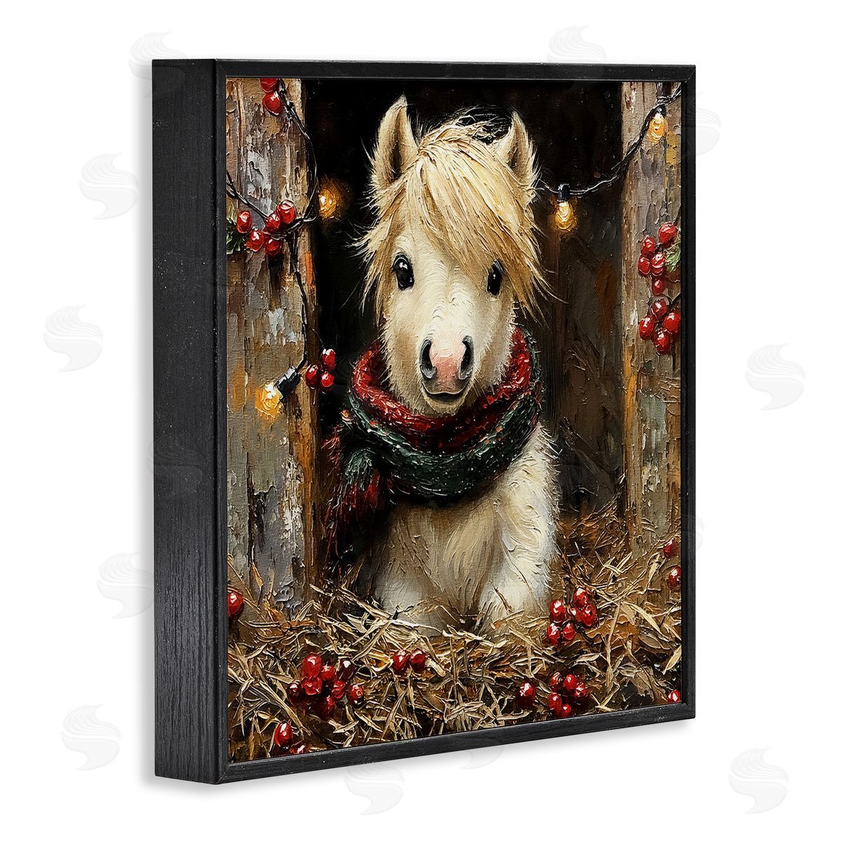 Horse Foal with Holly & Lights Black Frame Print Wall Art, Home Decor by Riley B