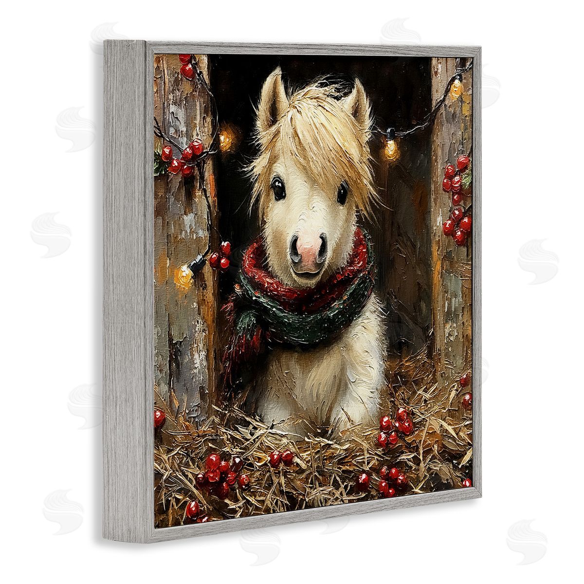 Horse Foal with Holly & Lights Grey Frame Print Wall Art, Home Decor by Riley B