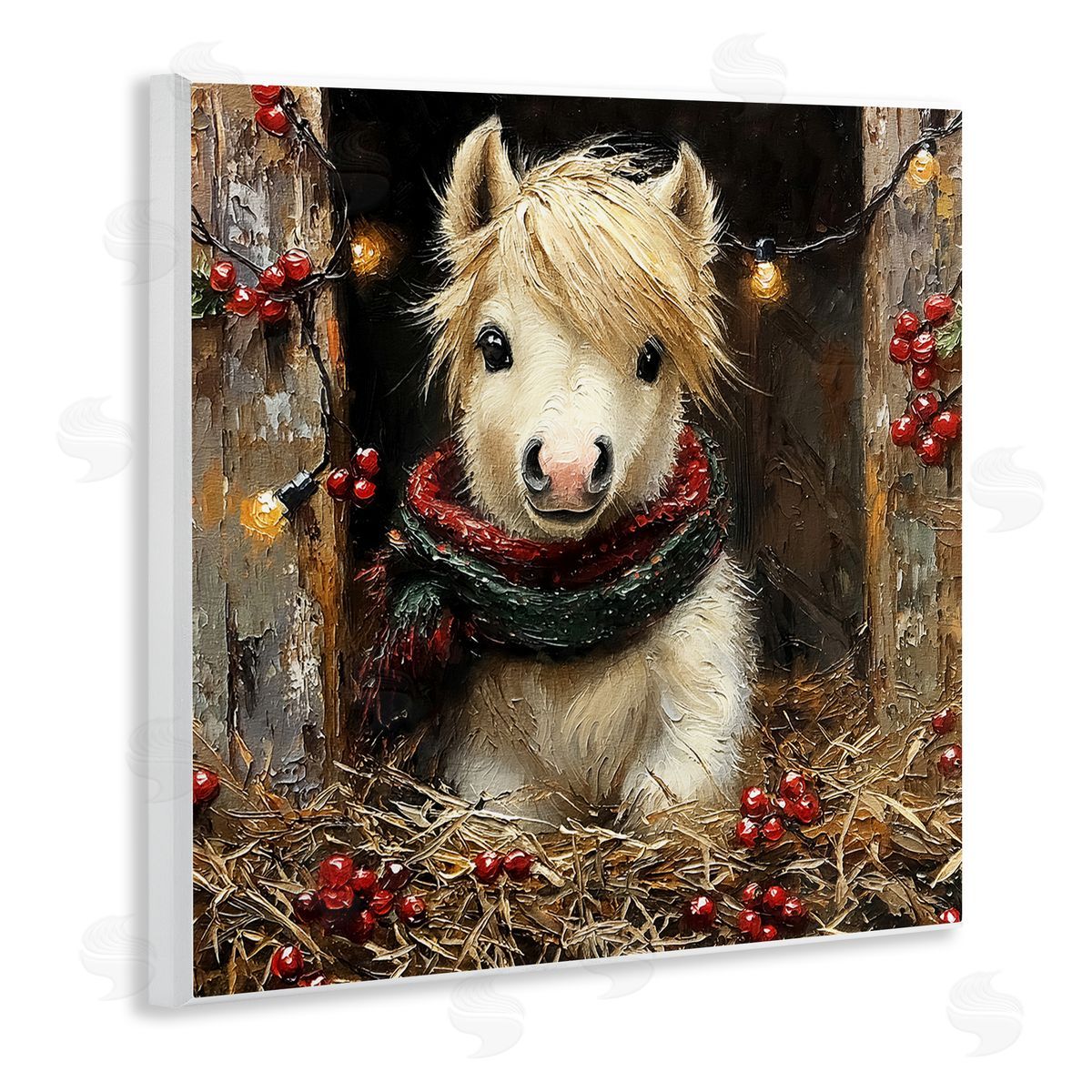 Horse Foal with Holly & Lights Wood Plaque Wall Art, Home Decor by Riley B