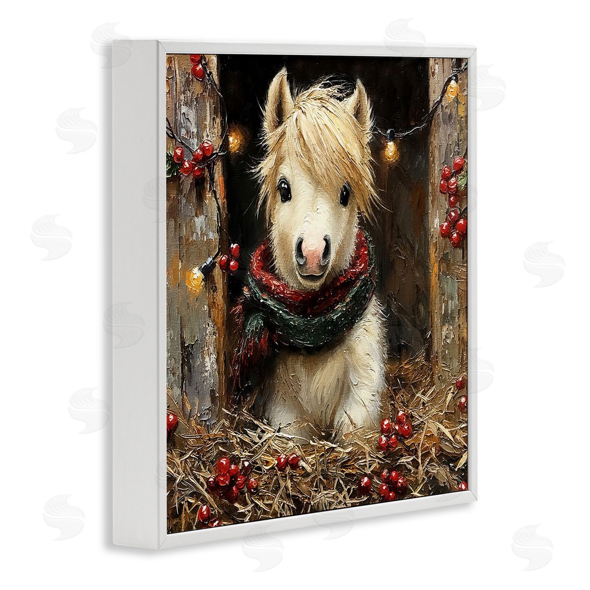 Horse Foal with Holly & Lights White Frame Print Wall Art, Home Decor by Riley B