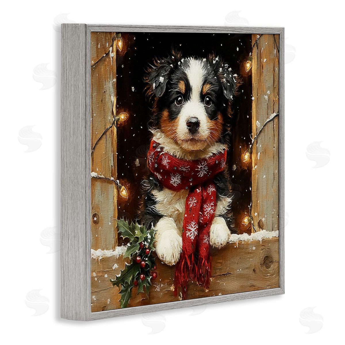 Snowy Christmas Lights Puppy Grey Frame Print Wall Art, Home Decor by Riley B