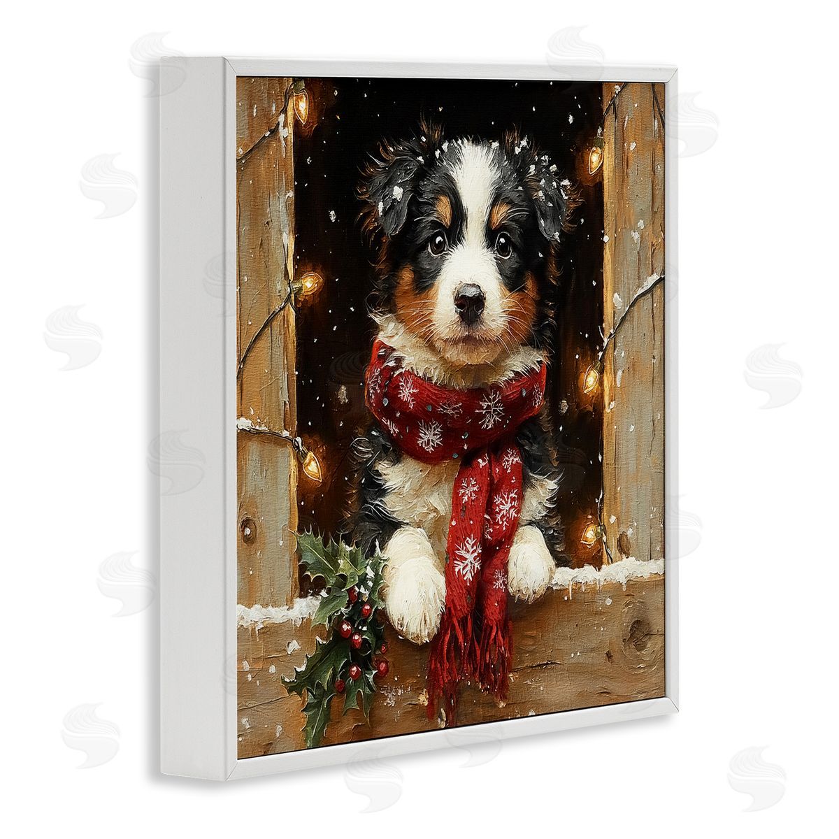 Snowy Christmas Lights Puppy White Frame Print Wall Art, Home Decor by Riley B