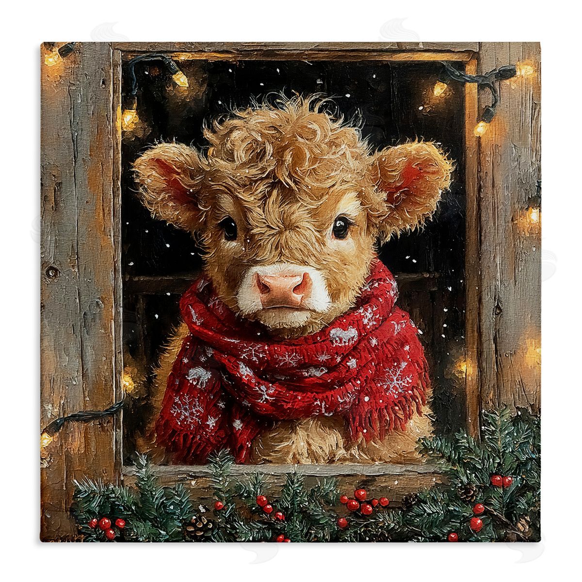 Calf with Holly & Lights Garland Canvas Wall Art, Home Decor by Riley B