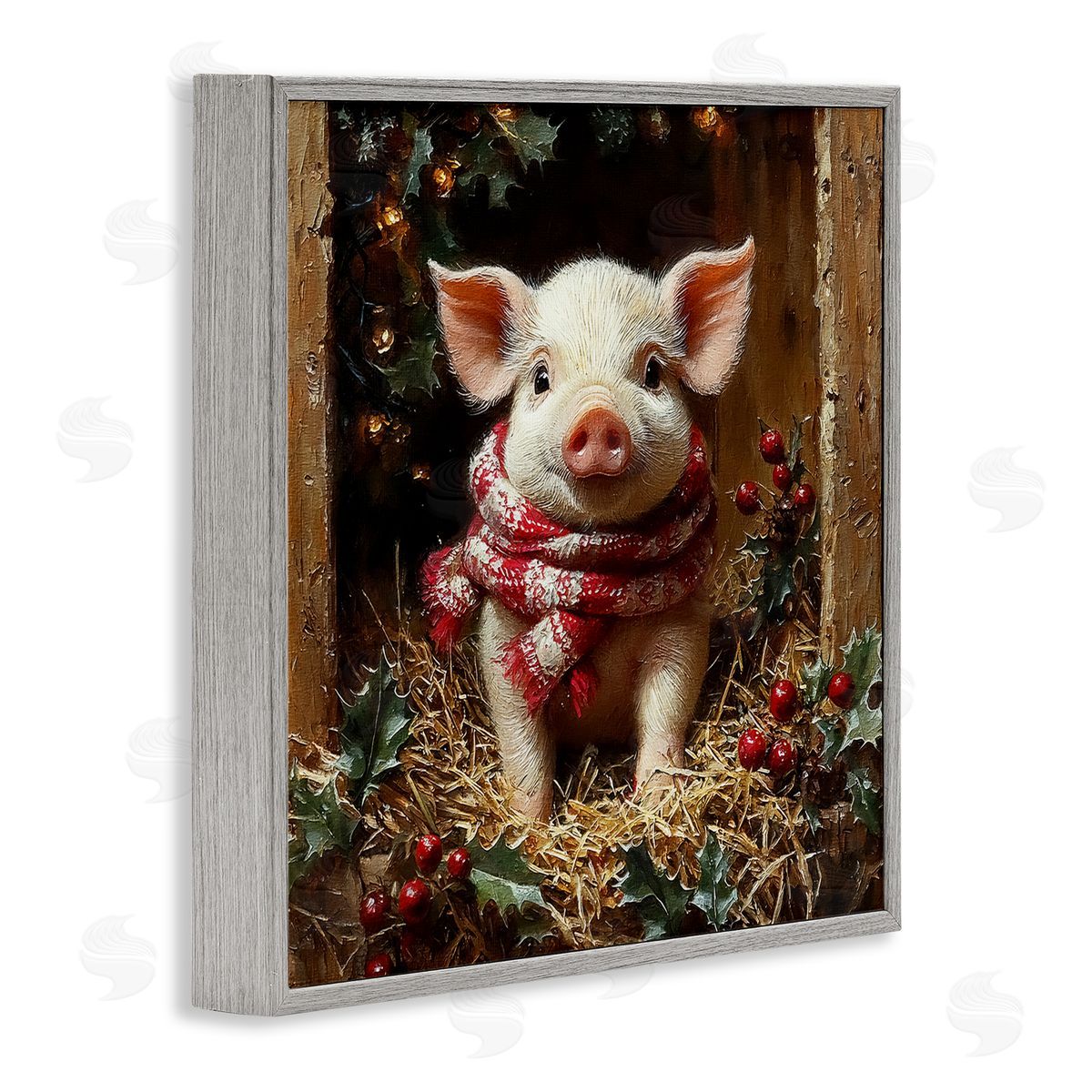 Pig with Holiday Garlands Grey Frame Print Wall Art, Home Decor by Riley B
