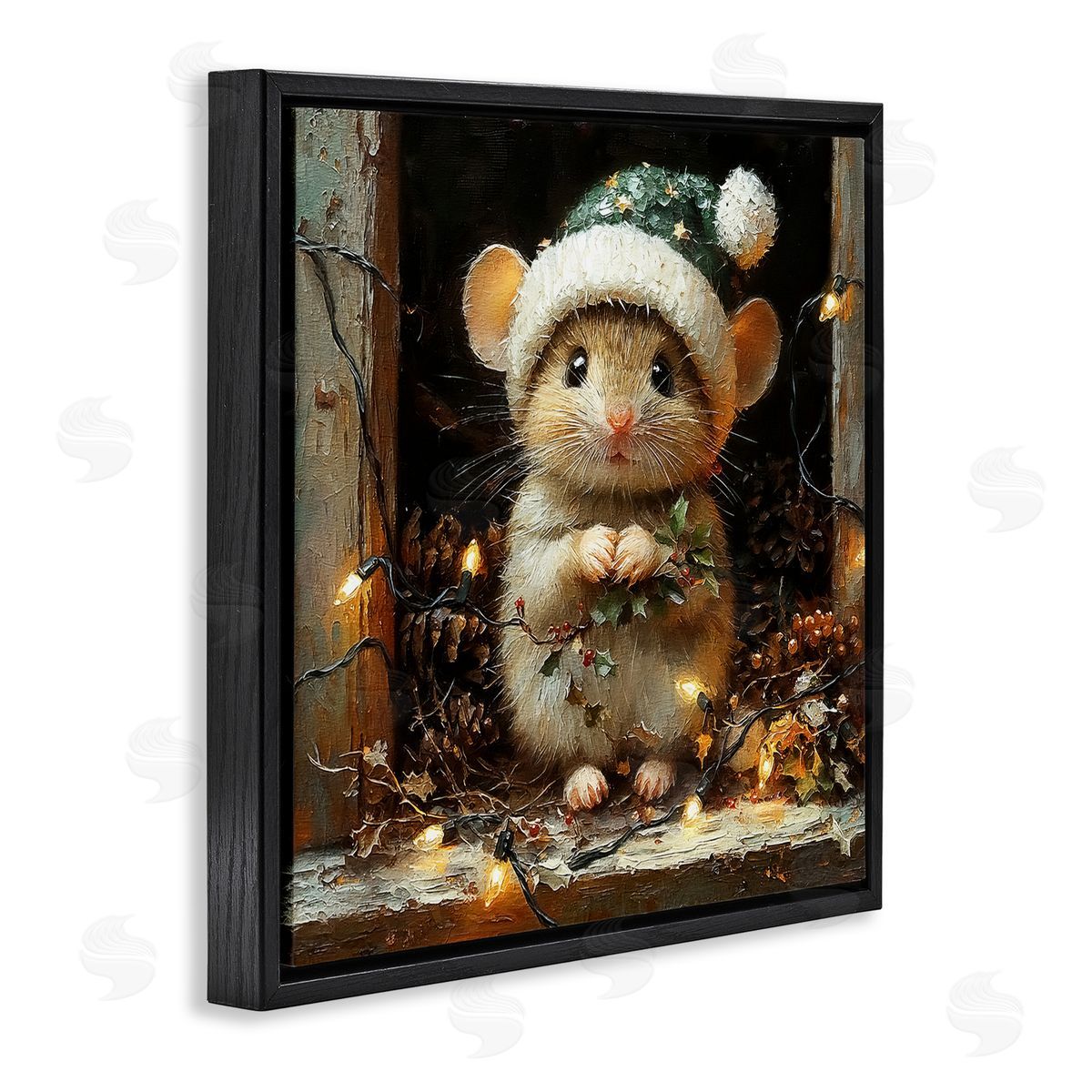 Barn Mouse with Christmas Lights Black Floating Frame Canvas Wall Art, Home Decor by Riley B