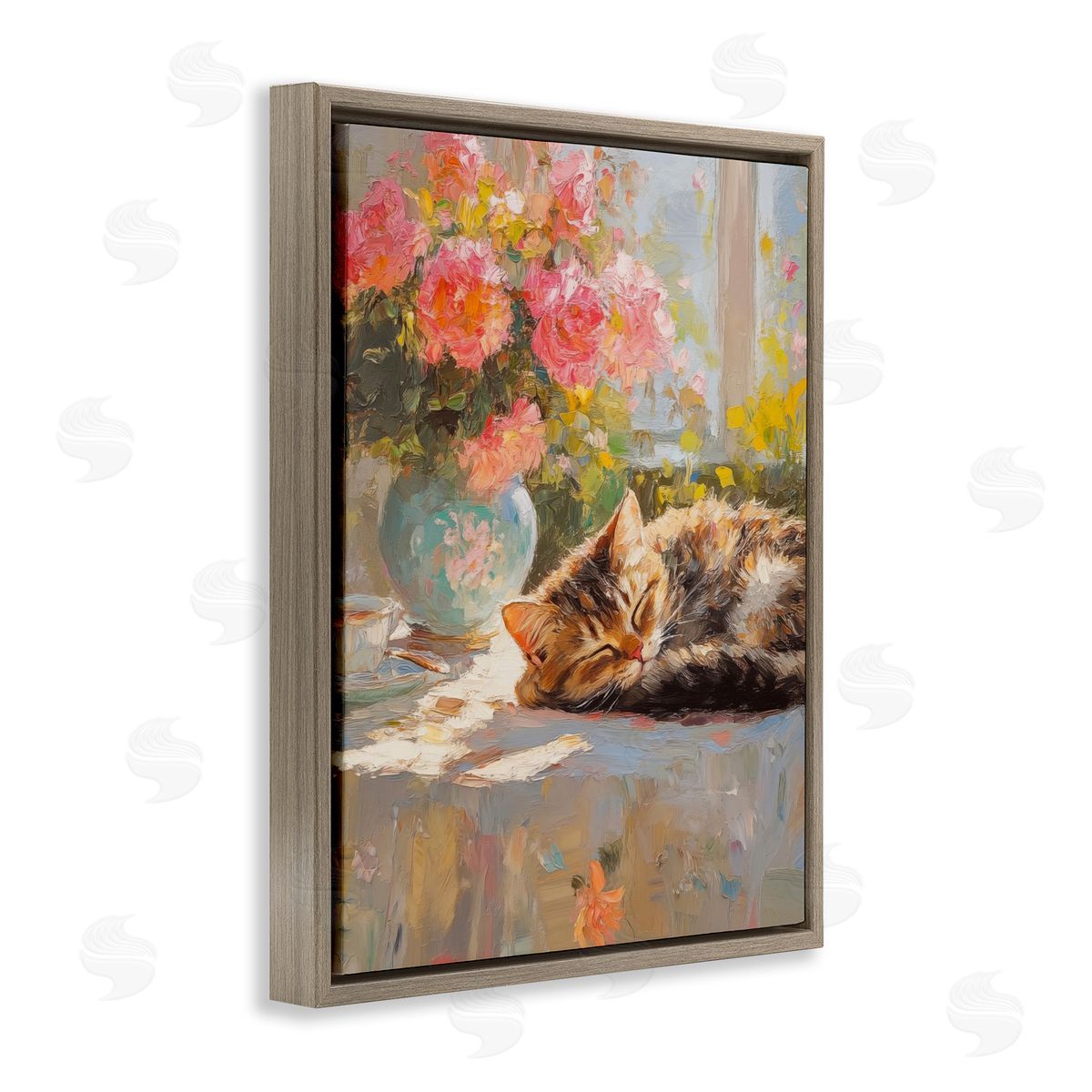 Sleeping Kitten & Flower Vase Brown Floating Frame Canvas Wall Art, Home Decor by Nini Art