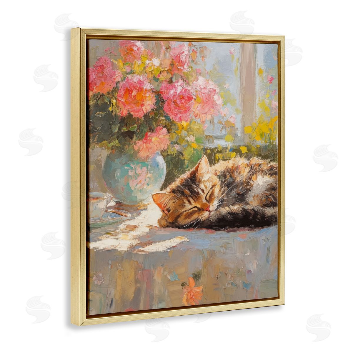 Sleeping Kitten & Flower Vase Gold Floating Frame Canvas Wall Art, Home Decor by Nini Art