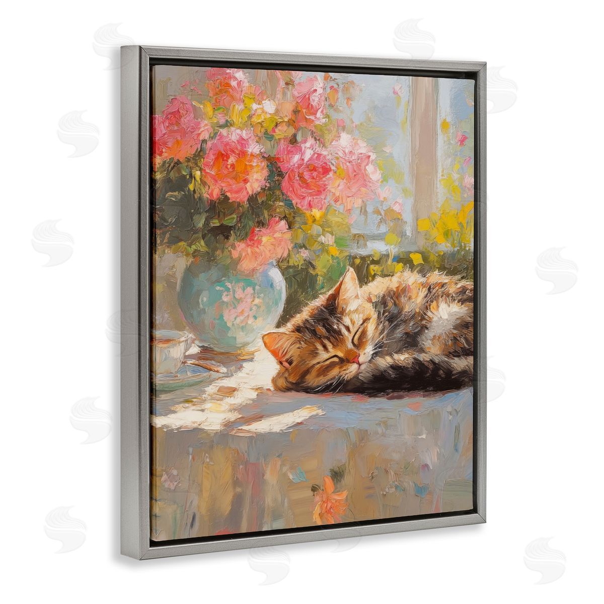 Sleeping Kitten & Flower Vase Grey Floating Frame Canvas Wall Art, Home Decor by Nini Art