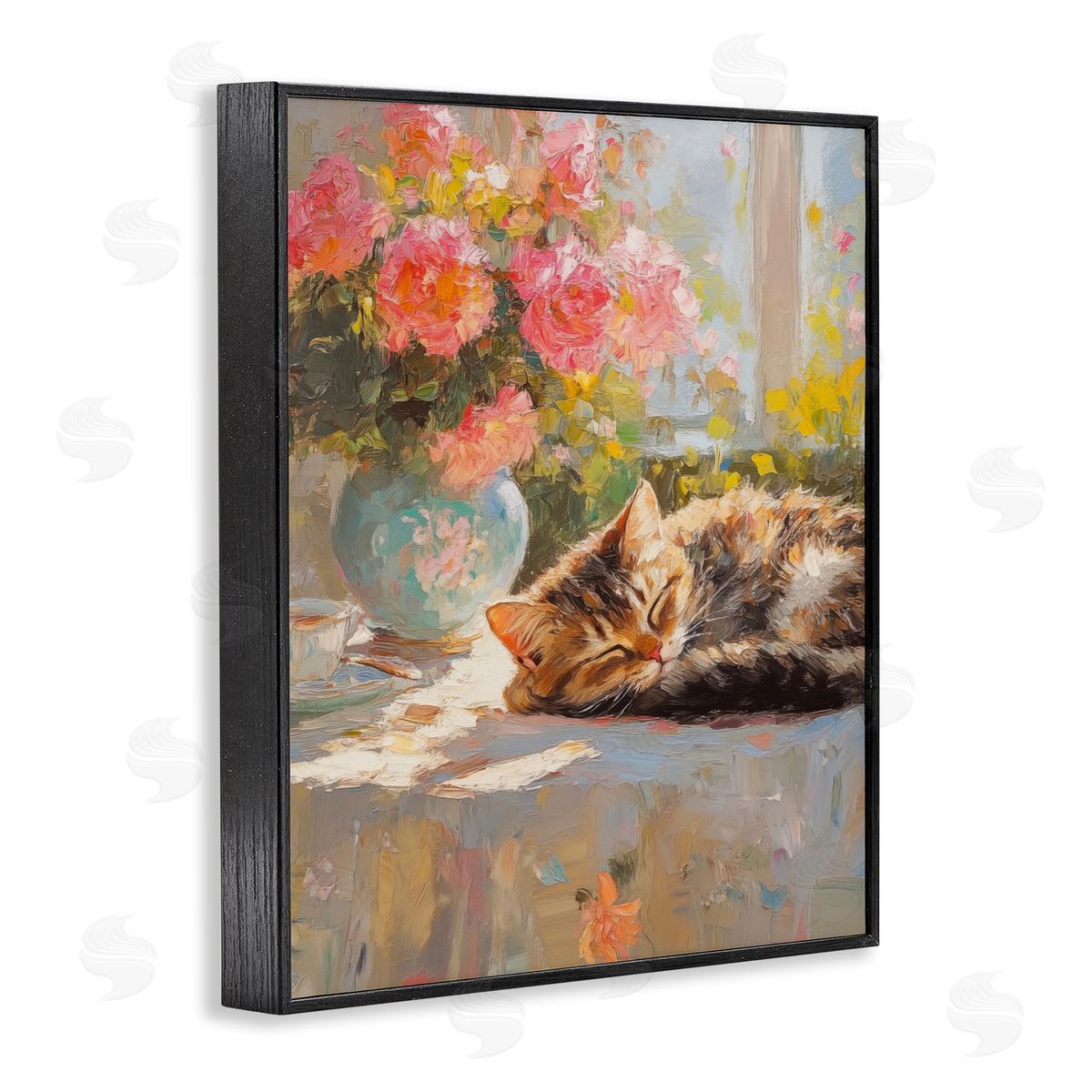 Sleeping Kitten & Flower Vase Black Frame Print Wall Art, Home Decor by Nini Art