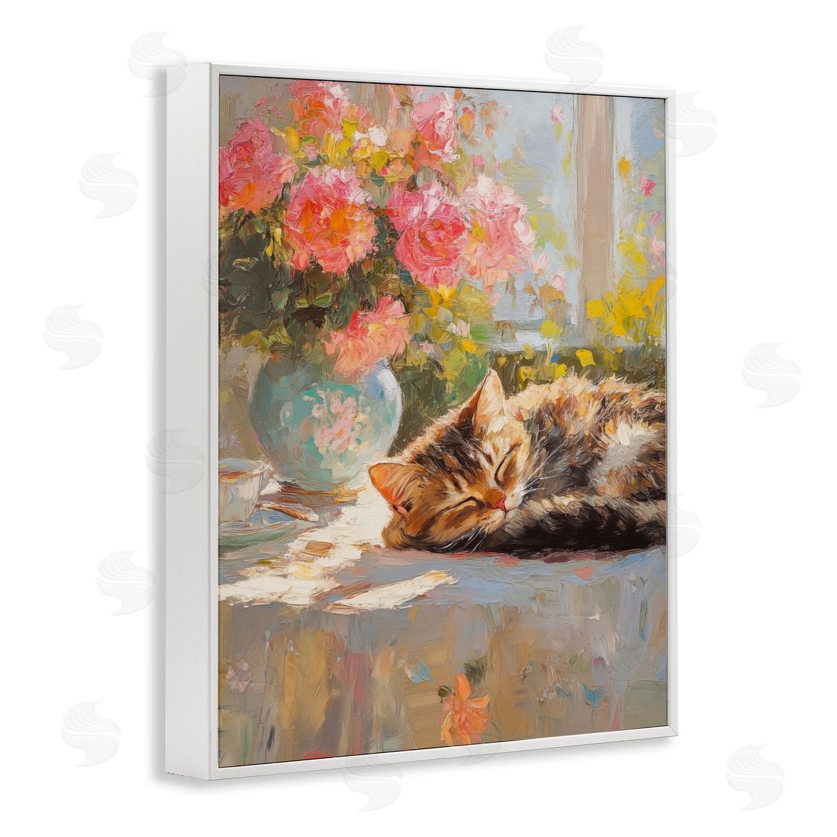 Sleeping Kitten & Flower Vase White Frame Print Wall Art, Home Decor by Nini Art
