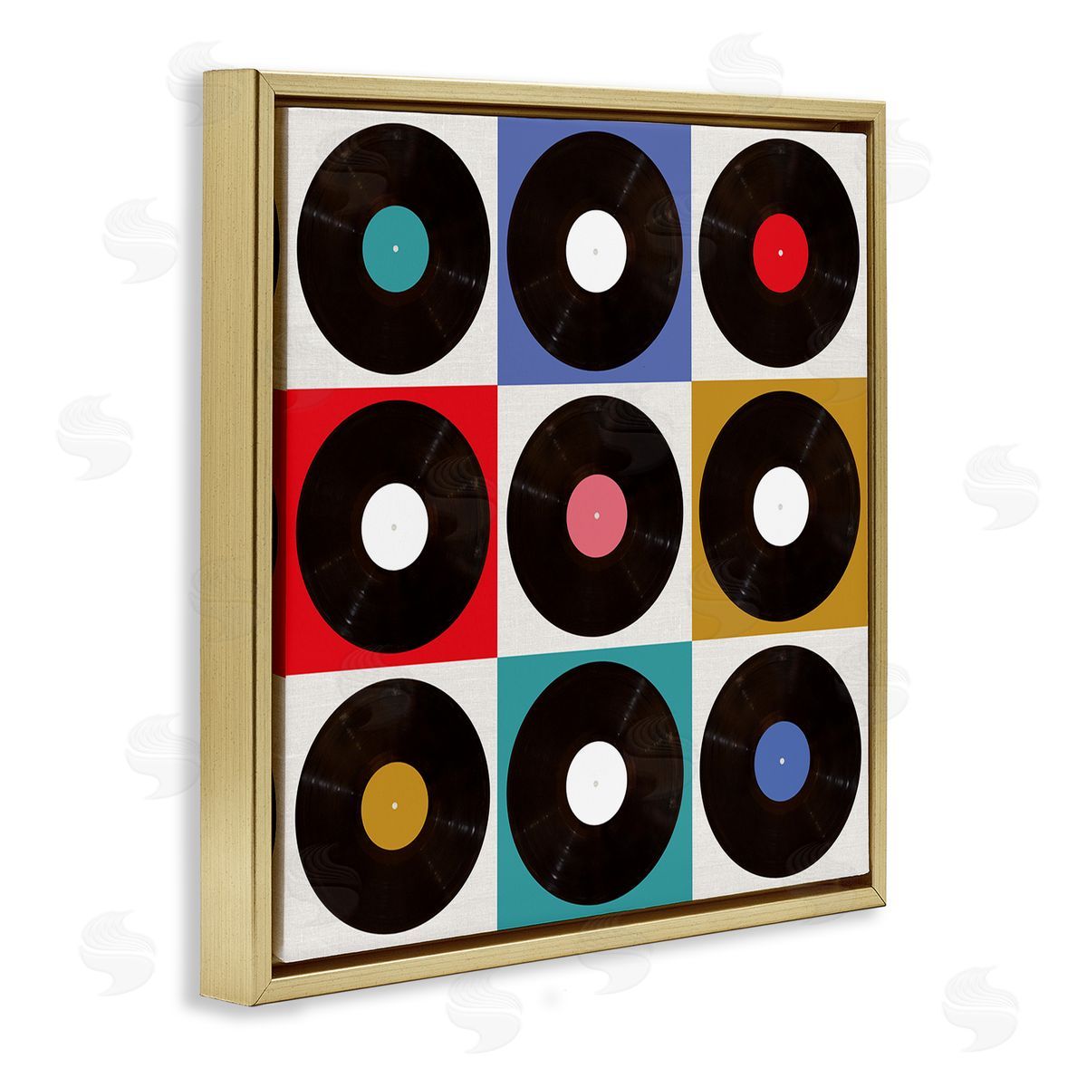 Geometric Music Records Gold Floating Frame Canvas Wall Art, Home Decor by Katrina Craven