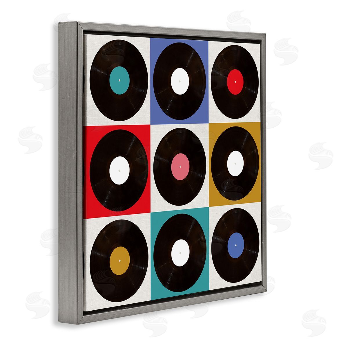 Geometric Music Records Grey Floating Frame Canvas Wall Art, Home Decor by Katrina Craven