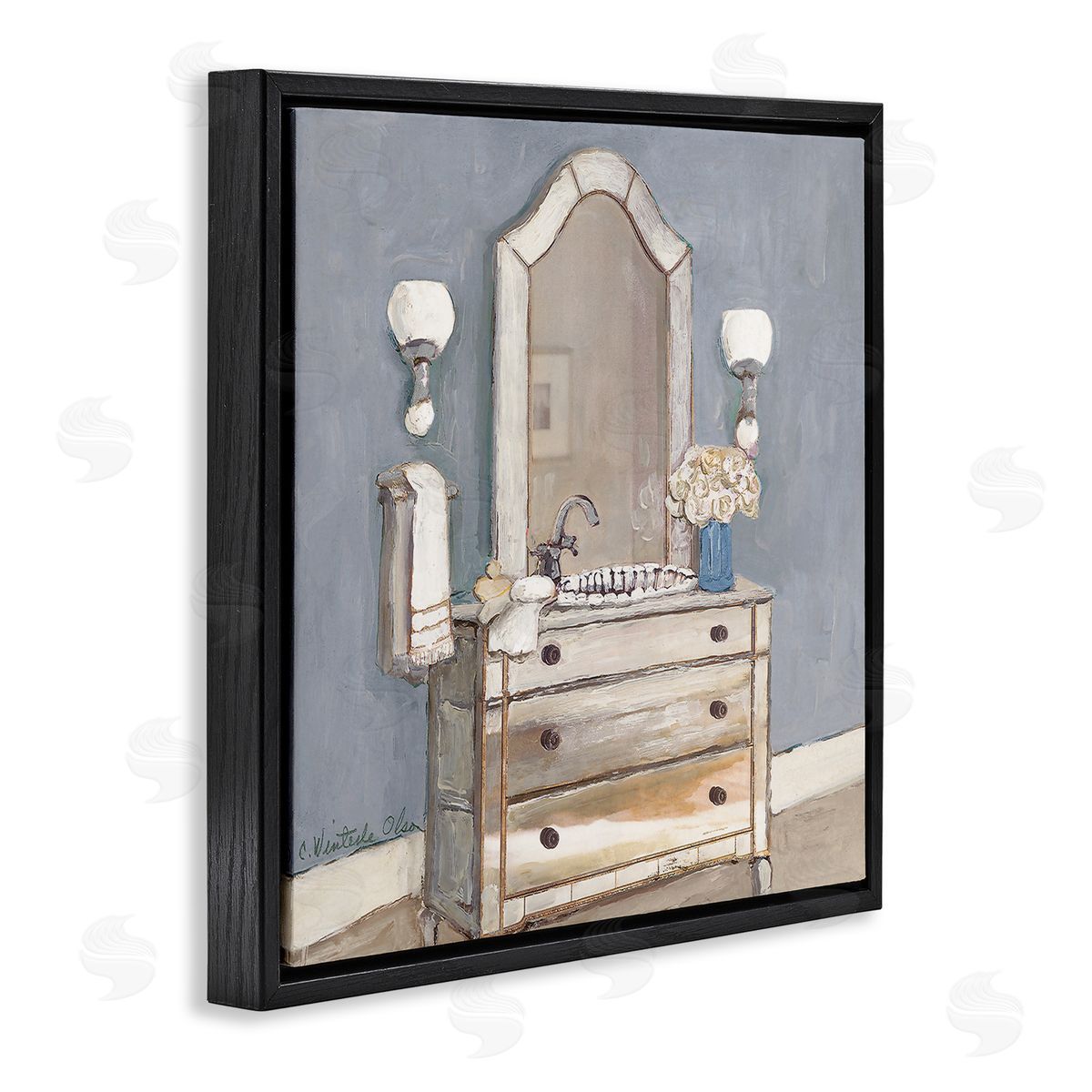 Bathroom Sink & Mirror Black Floating Frame Canvas Wall Art, Home Decor by Charlene Olson