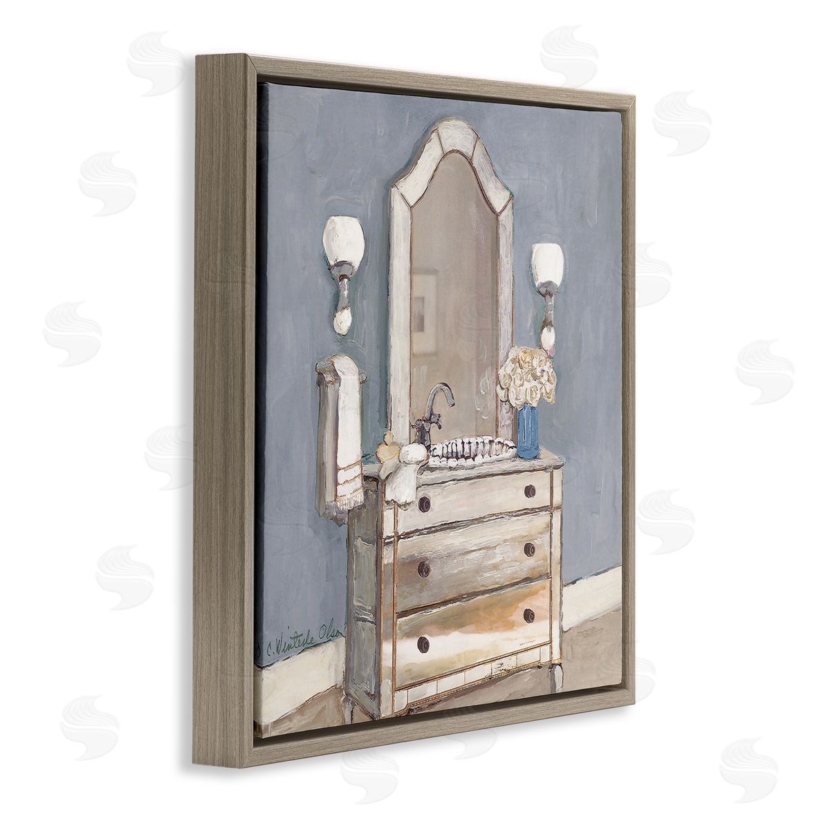 Bathroom Sink & Mirror Brown Floating Frame Canvas Wall Art, Home Decor by Charlene Olson