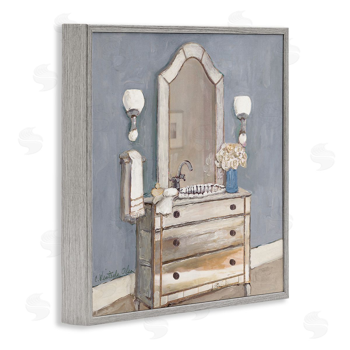 Bathroom Sink & Mirror Grey Frame Print Wall Art, Home Decor by Charlene Olson
