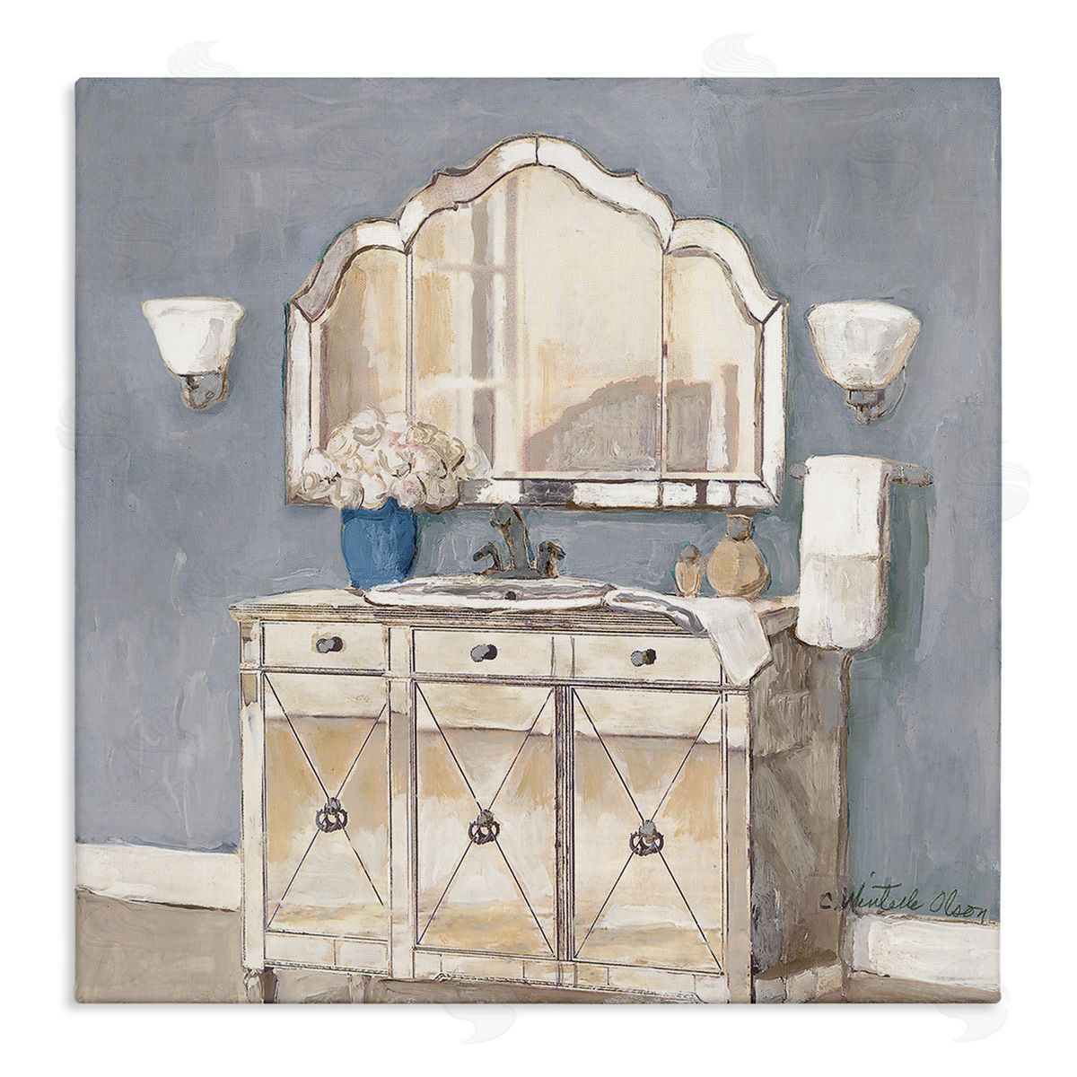 Traditional Bathroom Sink & Mirror Canvas Wall Art, Home Decor by Charlene Olson