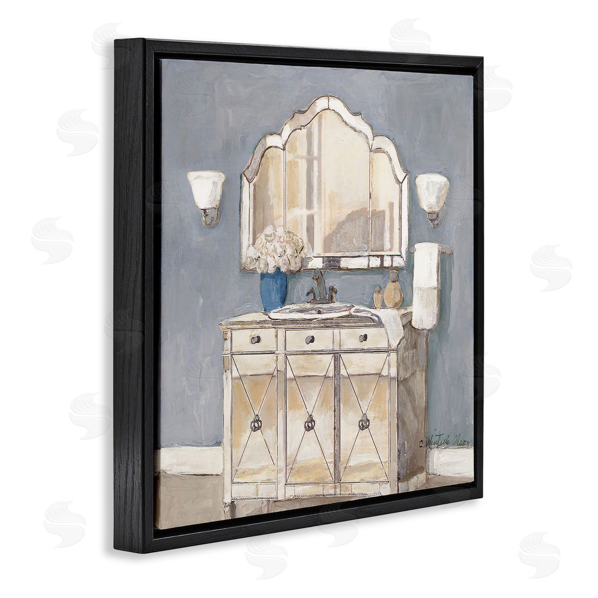 Traditional Bathroom Sink & Mirror Black Floating Frame Canvas Wall Art, Home Decor by Charlene Olson