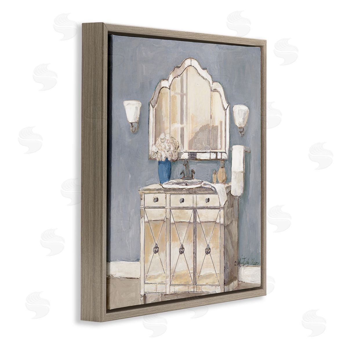 Traditional Bathroom Sink & Mirror Brown Floating Frame Canvas Wall Art, Home Decor by Charlene Olson