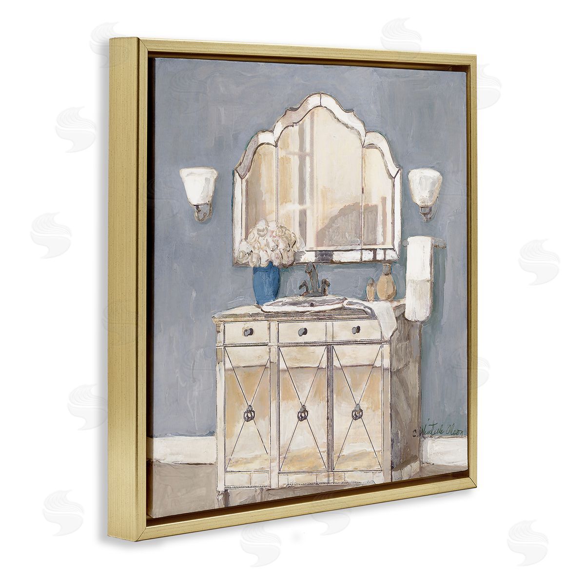 Traditional Bathroom Sink & Mirror Gold Floating Frame Canvas Wall Art, Home Decor by Charlene Olson