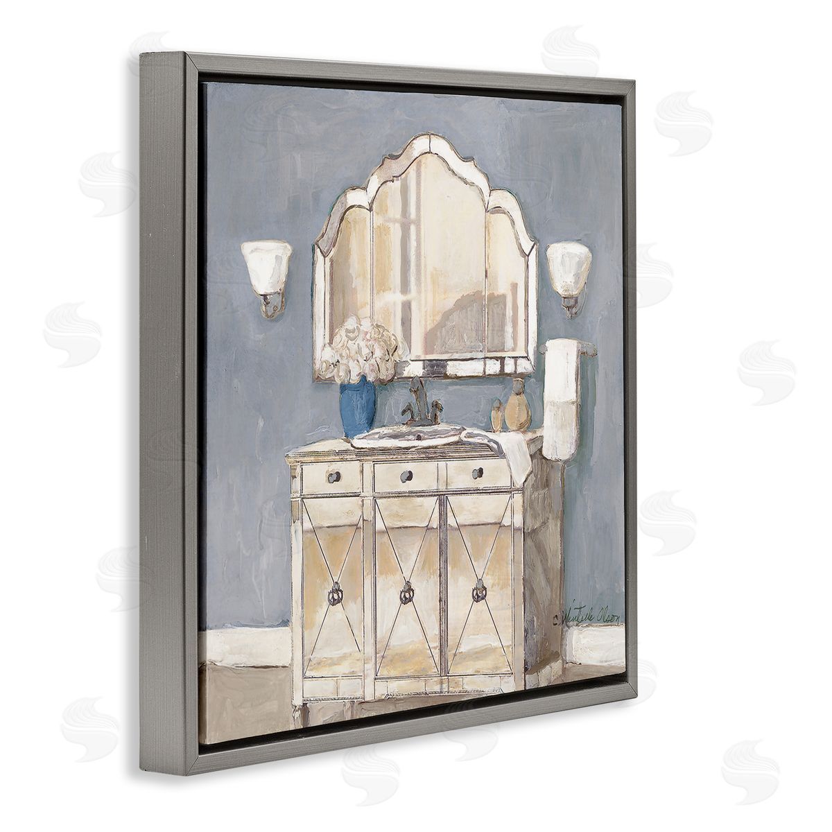 Traditional Bathroom Sink & Mirror Grey Floating Frame Canvas Wall Art, Home Decor by Charlene Olson