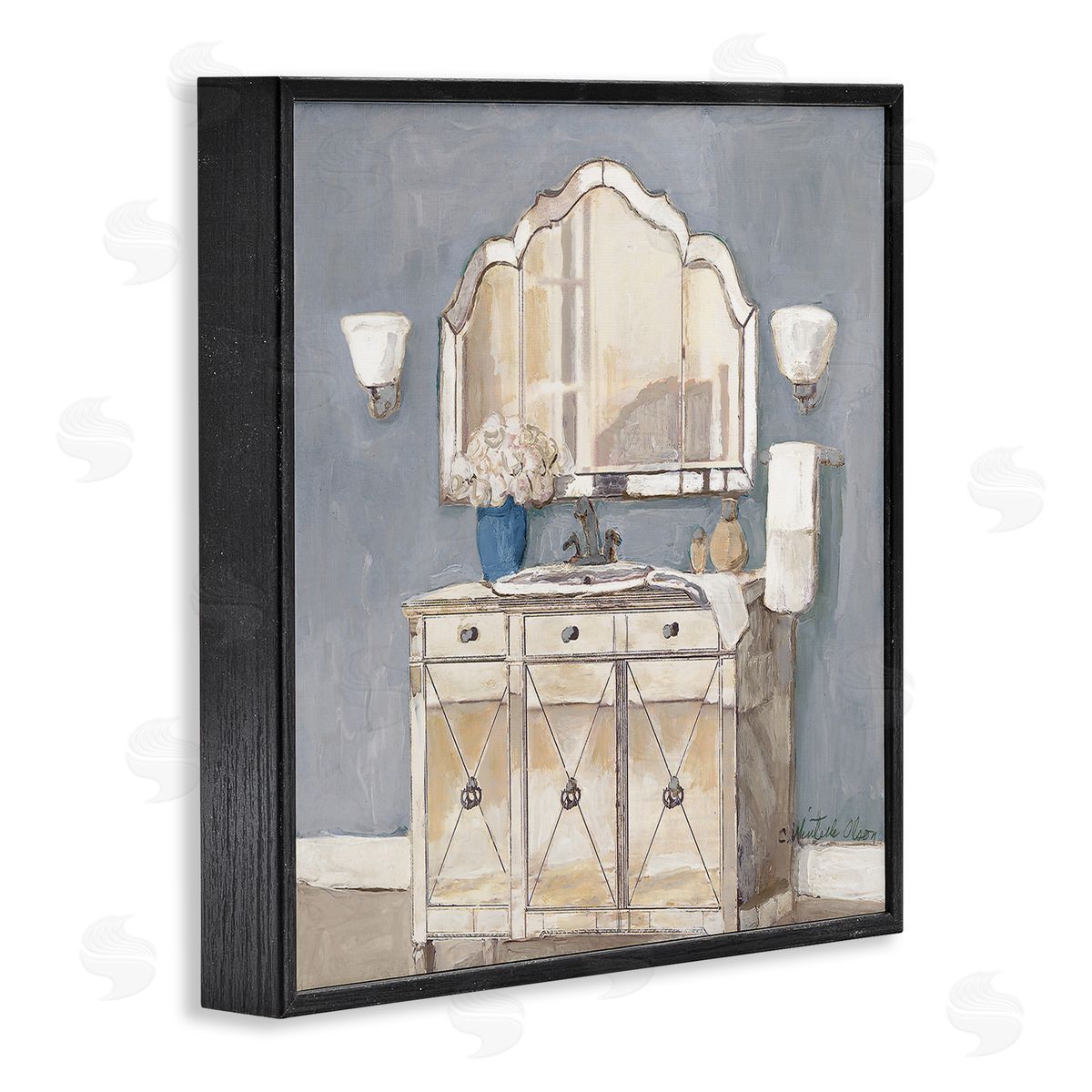 Traditional Bathroom Sink & Mirror Black Frame Print Wall Art, Home Decor by Charlene Olson