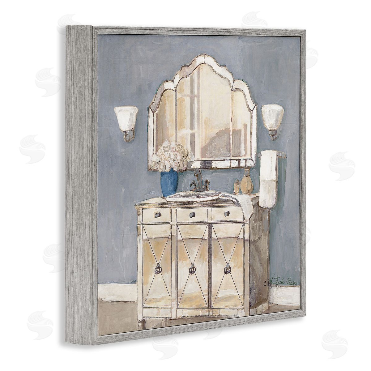 Traditional Bathroom Sink & Mirror Grey Frame Print Wall Art, Home Decor by Charlene Olson