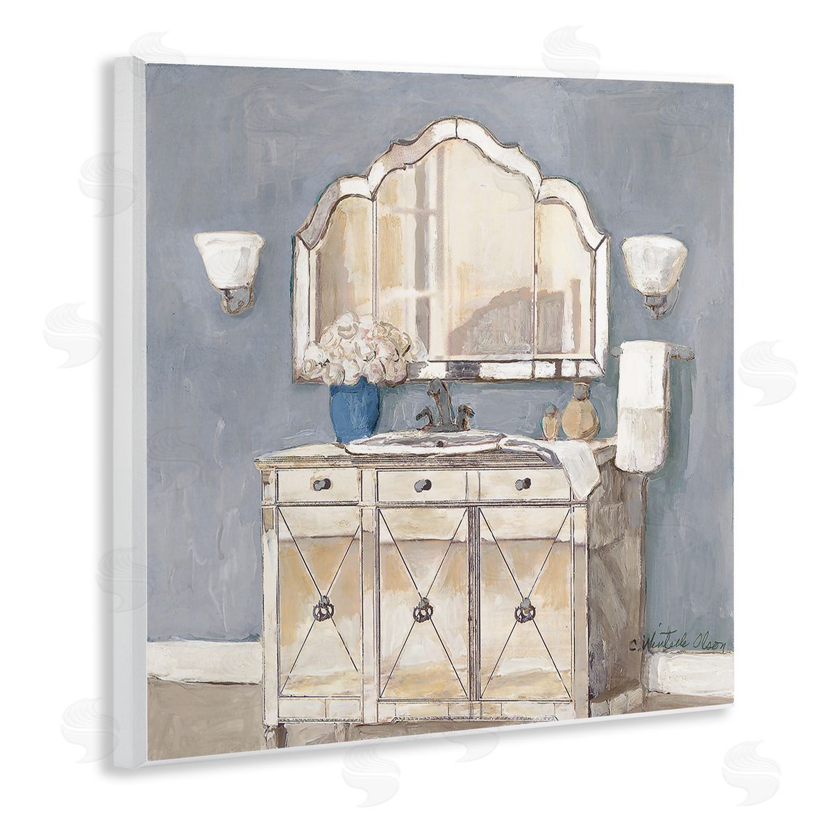 Traditional Bathroom Sink & Mirror Wood Plaque Wall Art, Home Decor by Charlene Olson