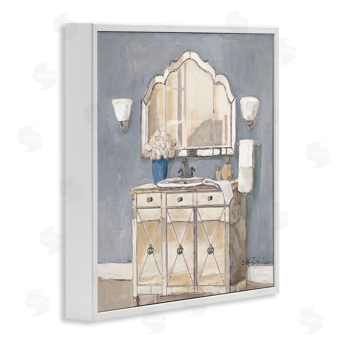 Traditional Bathroom Sink & Mirror White Frame Print Wall Art, Home Decor by Charlene Olson