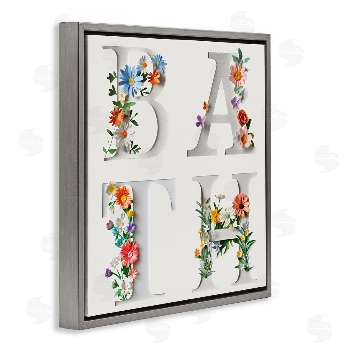 Floral Bath Typography Grey Floating Frame Canvas Wall Art, Home Decor by Susan Arnot