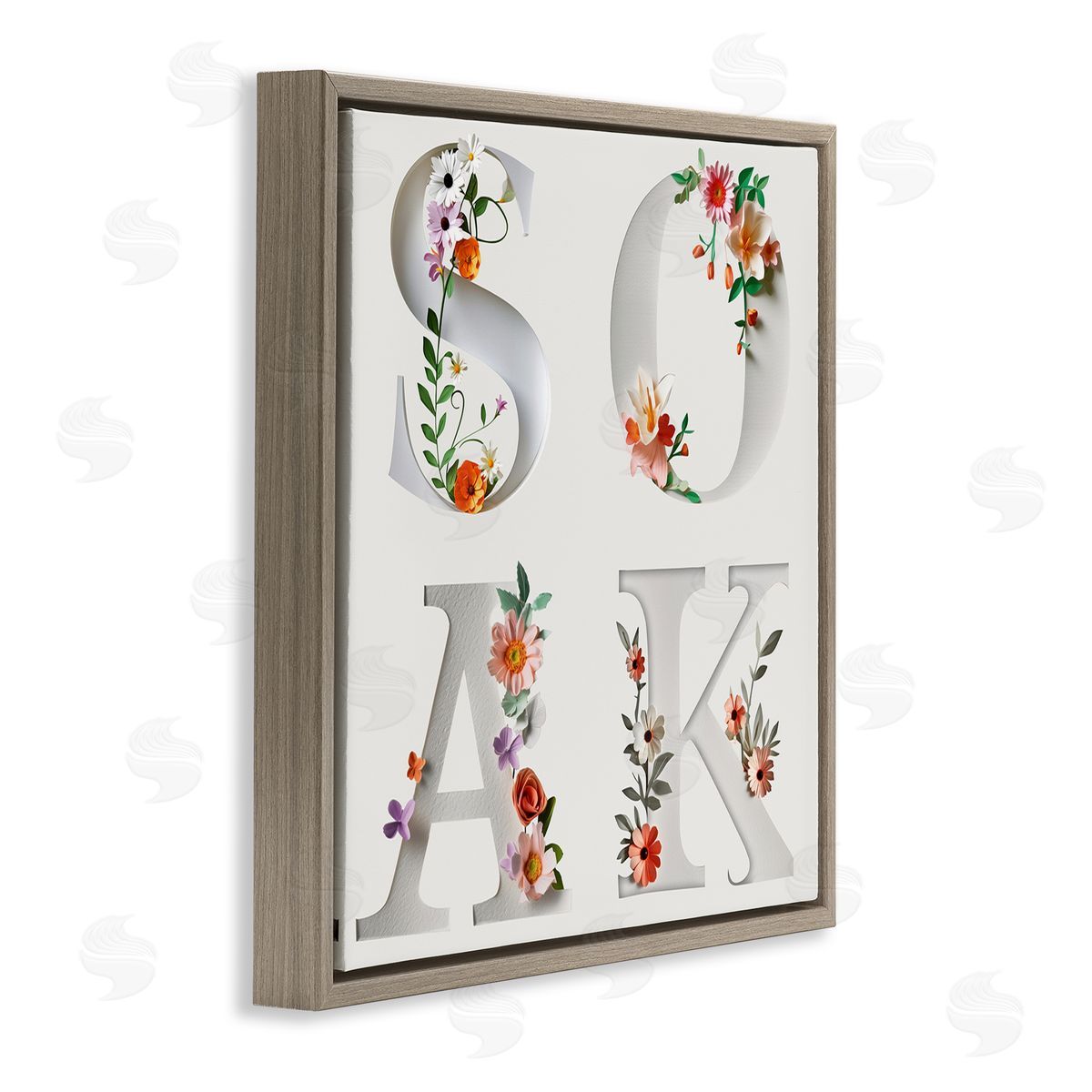 Floral Bathroom Soak Letters Brown Floating Frame Canvas Wall Art, Home Decor by Susan Arnot