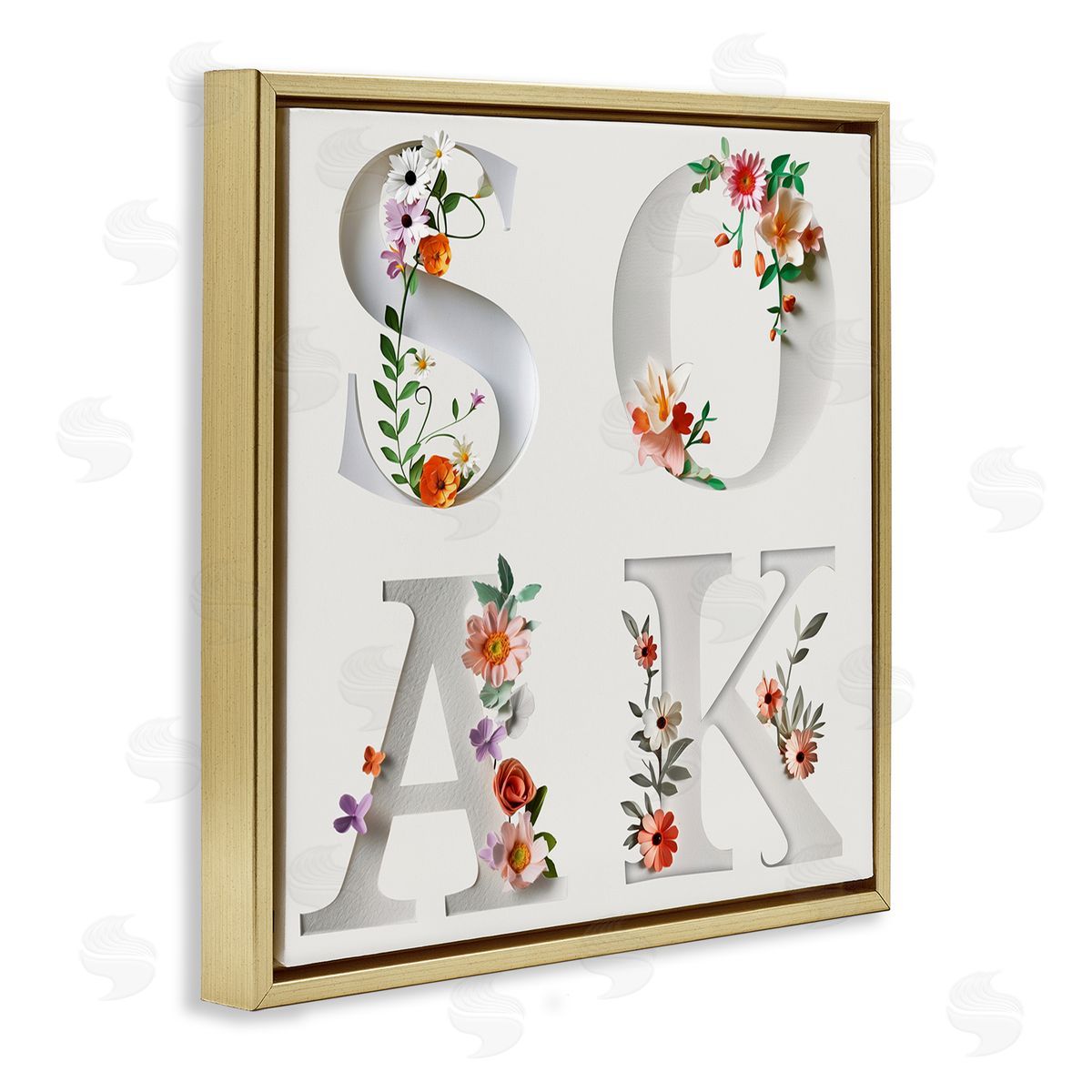 Floral Bathroom Soak Letters Gold Floating Frame Canvas Wall Art, Home Decor by Susan Arnot