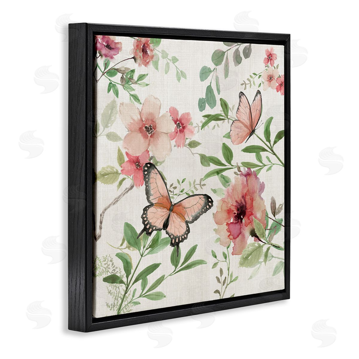 Country Cottage Florals in Pink Black Floating Frame Canvas Wall Art, Home Decor by Nan