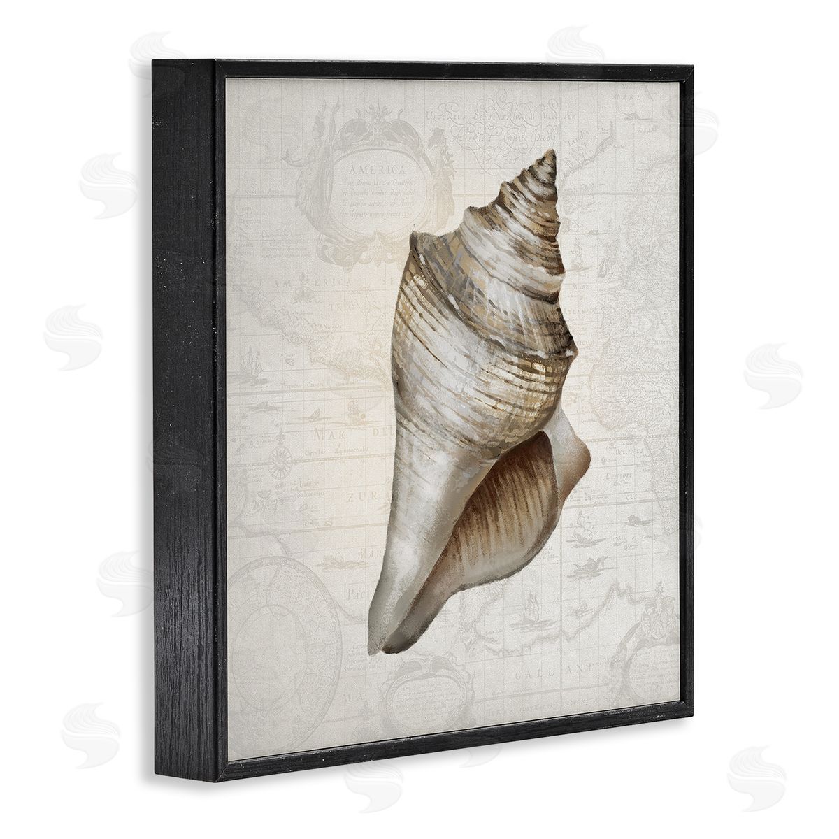 Conch Shell over Vintage Map Black Frame Print Wall Art, Home Decor by Conrad Knutsen