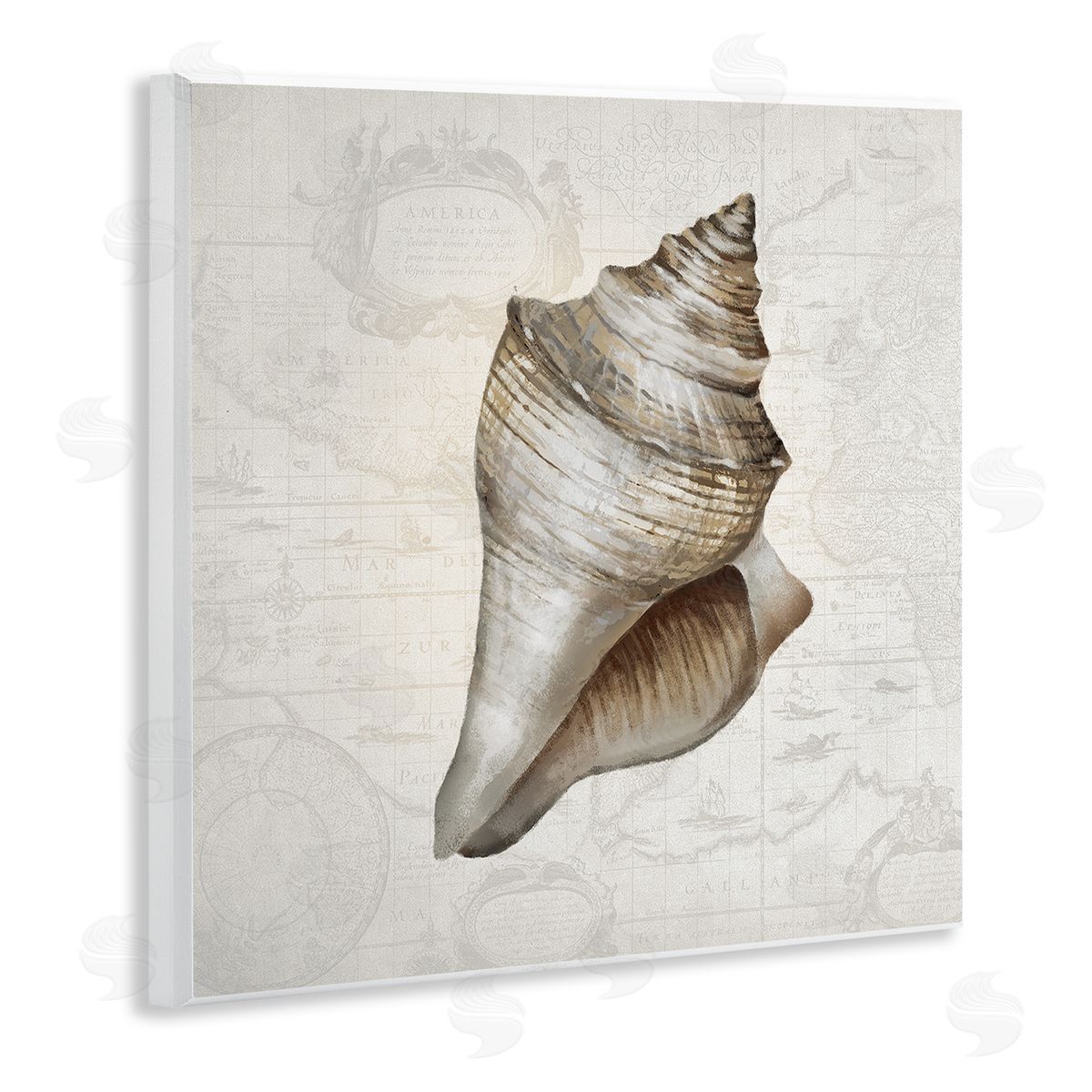 Conch Shell over Vintage Map Wood Plaque Wall Art, Home Decor by Conrad Knutsen
