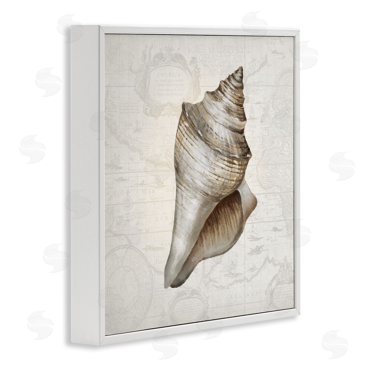 Conch Shell over Vintage Map White Frame Print Wall Art, Home Decor by Conrad Knutsen