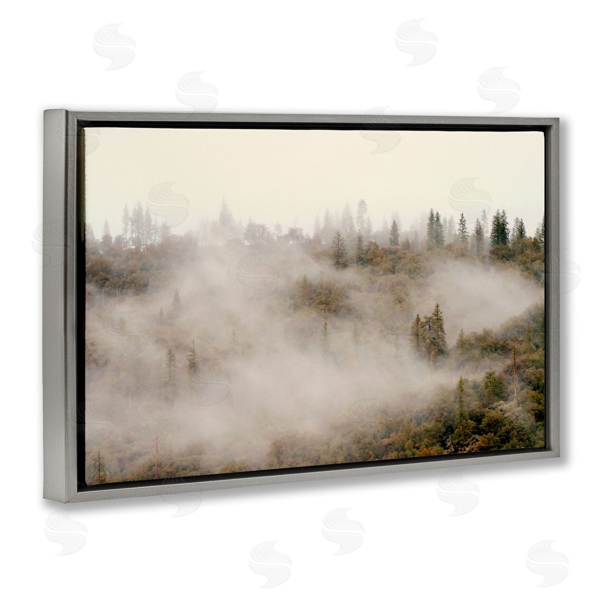 Morning Fog over Trees Grey Floating Frame Canvas Wall Art, Home Decor by Gemma Bardot