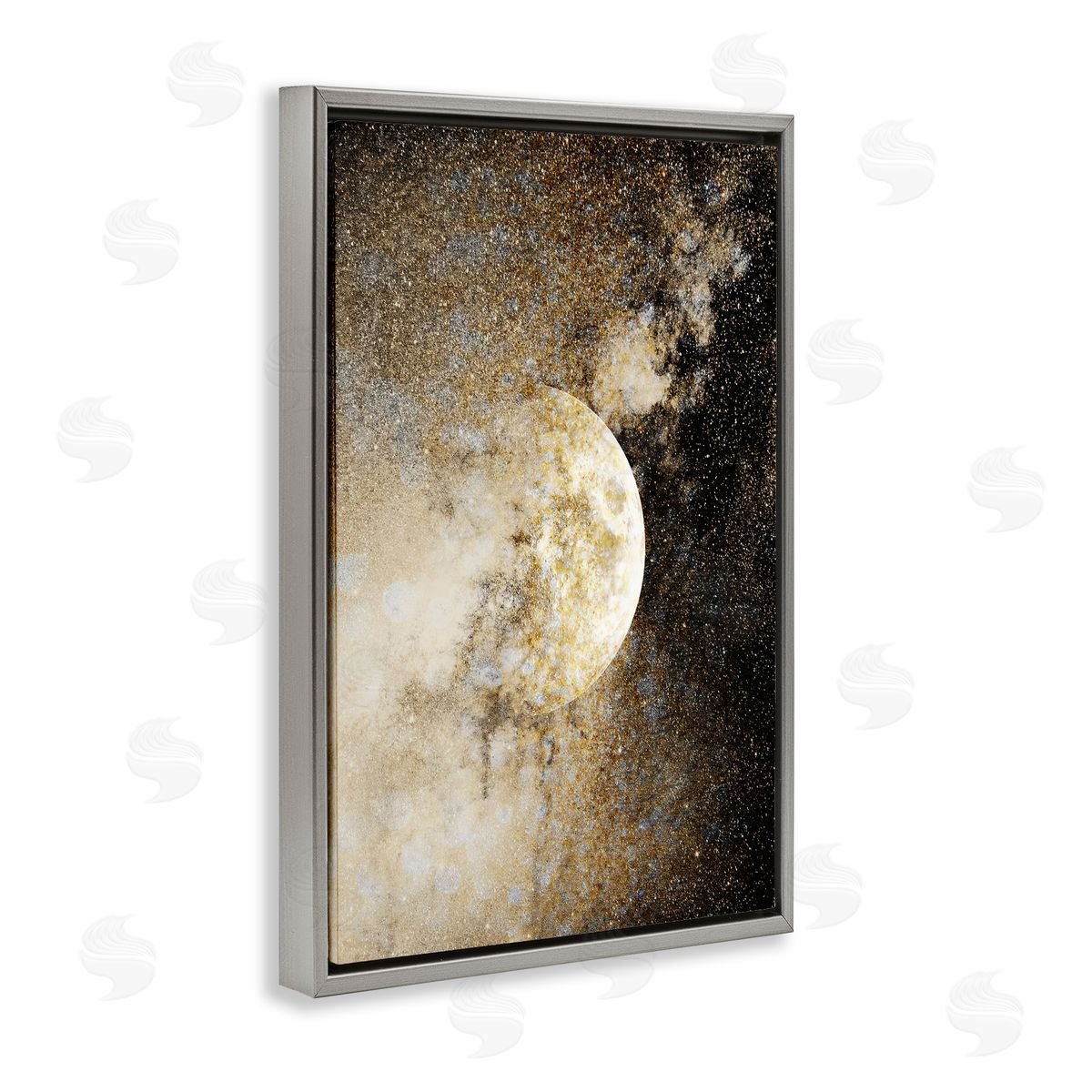 Starry Nebula Full Moon Grey Floating Frame Canvas Wall Art, Home Decor by Gemma Bardot