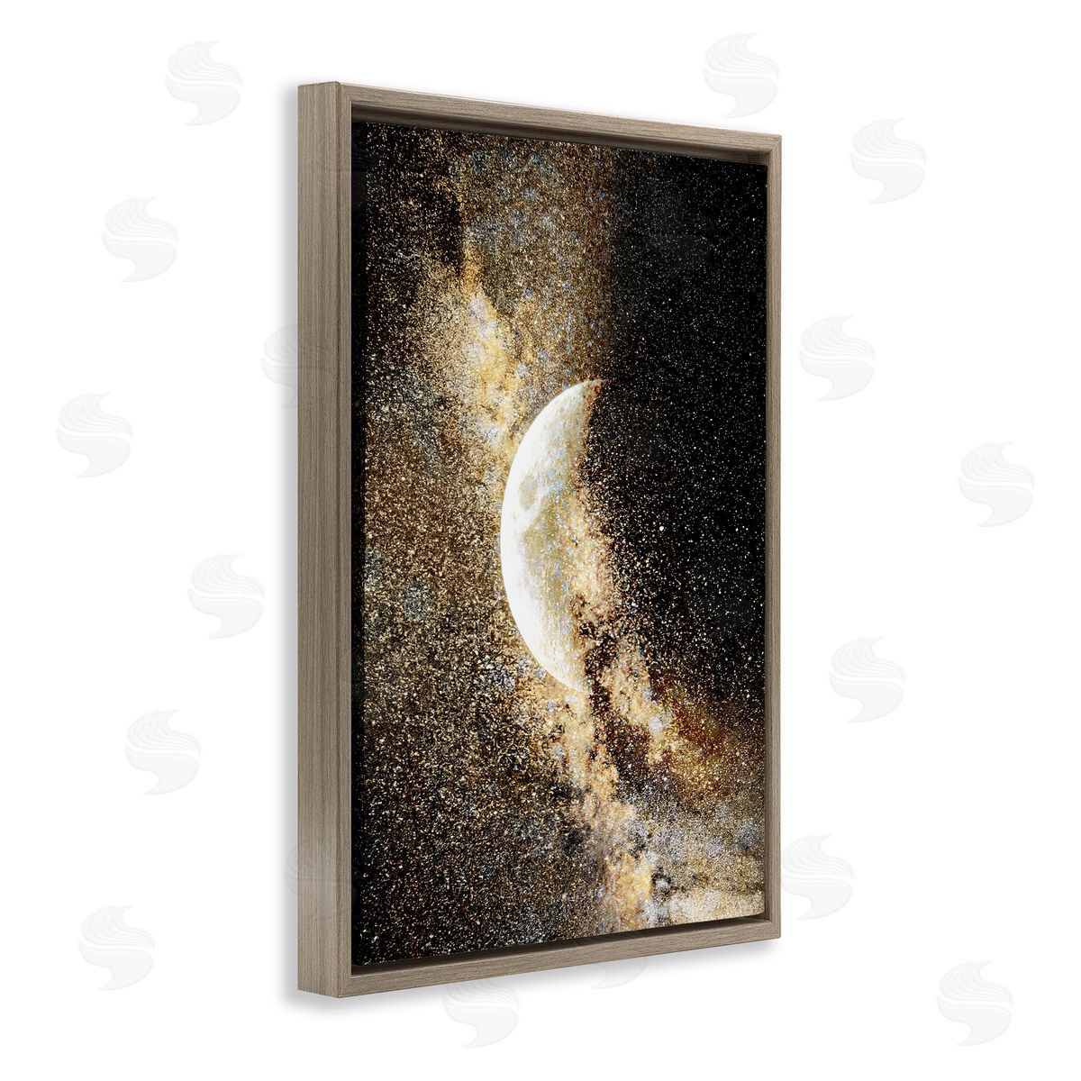 Starry Nebula Crescent Moon Brown Floating Frame Canvas Wall Art, Home Decor by Gemma Bardot