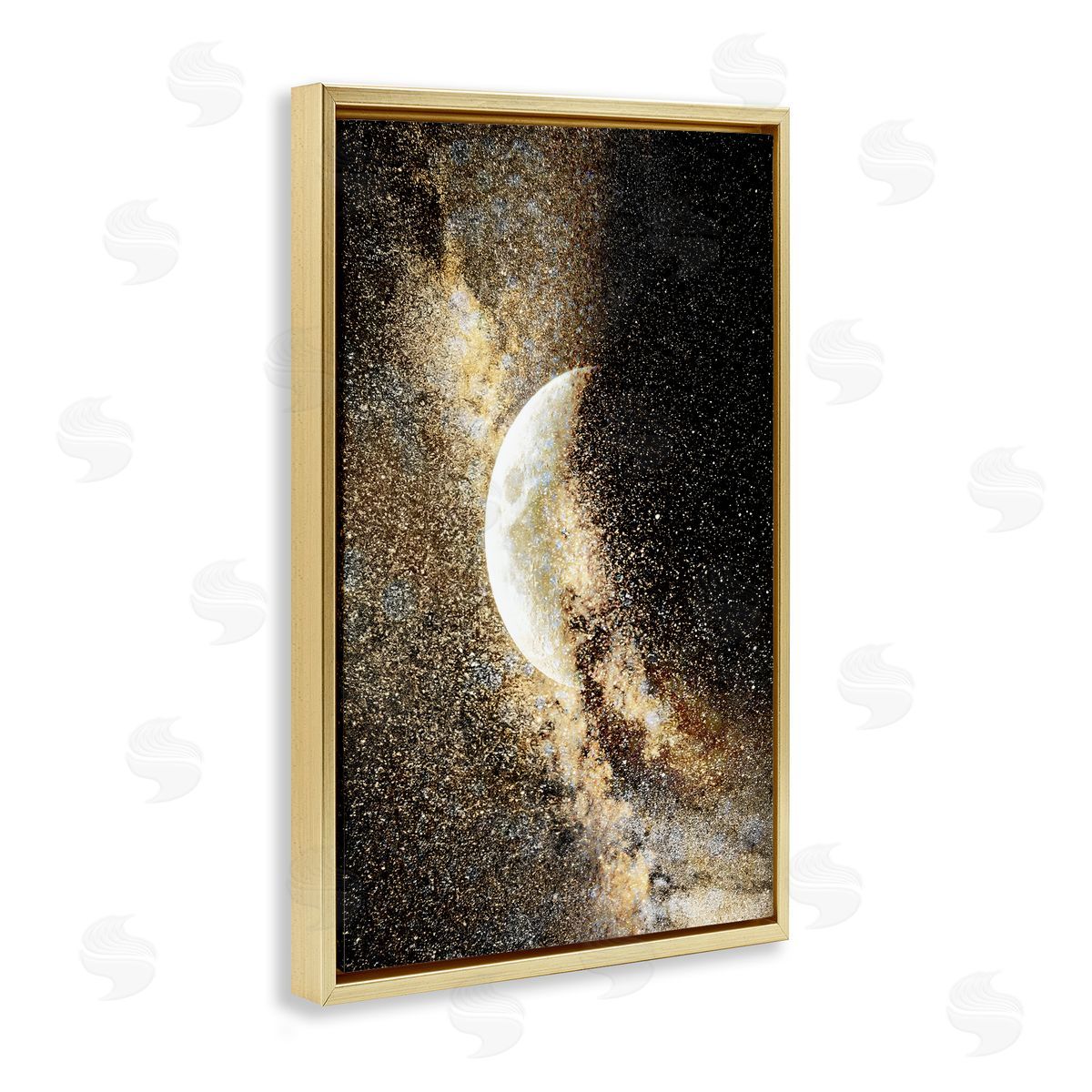 Starry Nebula Crescent Moon Gold Floating Frame Canvas Wall Art, Home Decor by Gemma Bardot