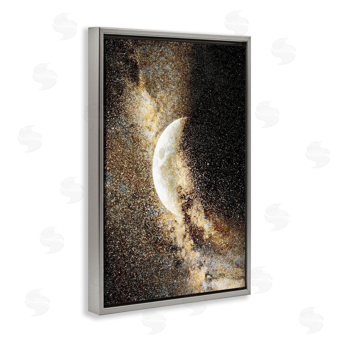 Starry Nebula Crescent Moon Grey Floating Frame Canvas Wall Art, Home Decor by Gemma Bardot