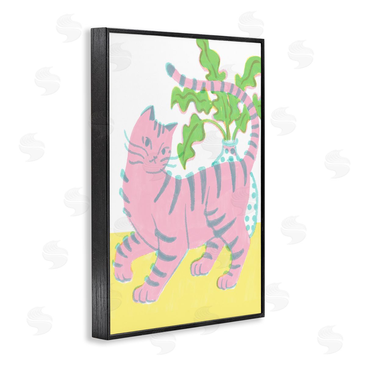 Pink Cat & House Plant Black Frame Print Wall Art, Home Decor by Hannah Moren