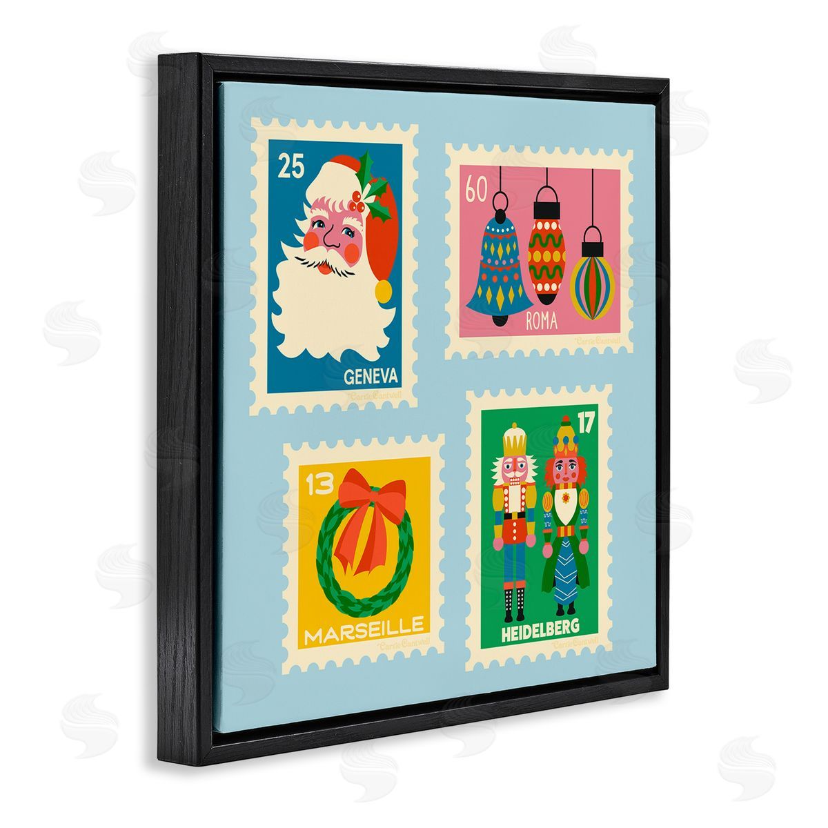 Vintage Christmas Postage Stamps Black Floating Frame Canvas Wall Art, Home Decor by Carrie Cantwell