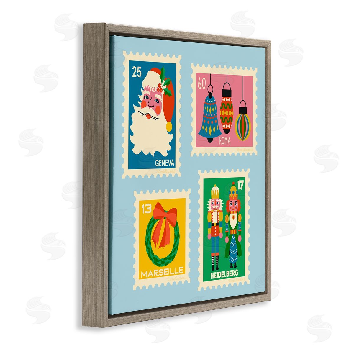 Vintage Christmas Postage Stamps Brown Floating Frame Canvas Wall Art, Home Decor by Carrie Cantwell