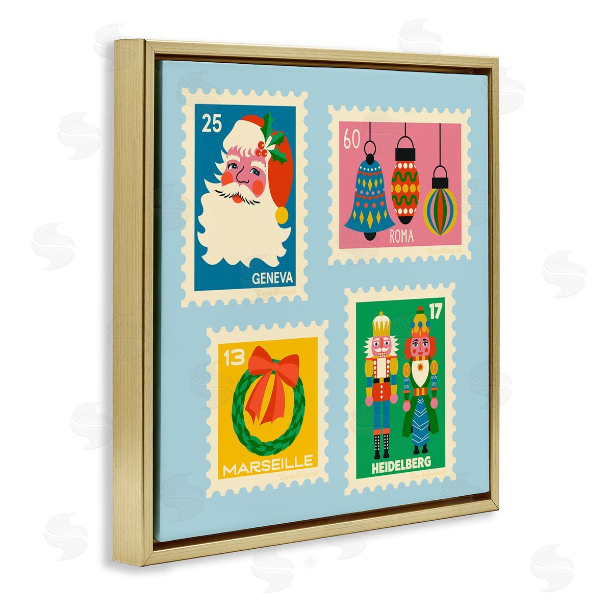 Vintage Christmas Postage Stamps Gold Floating Frame Canvas Wall Art, Home Decor by Carrie Cantwell