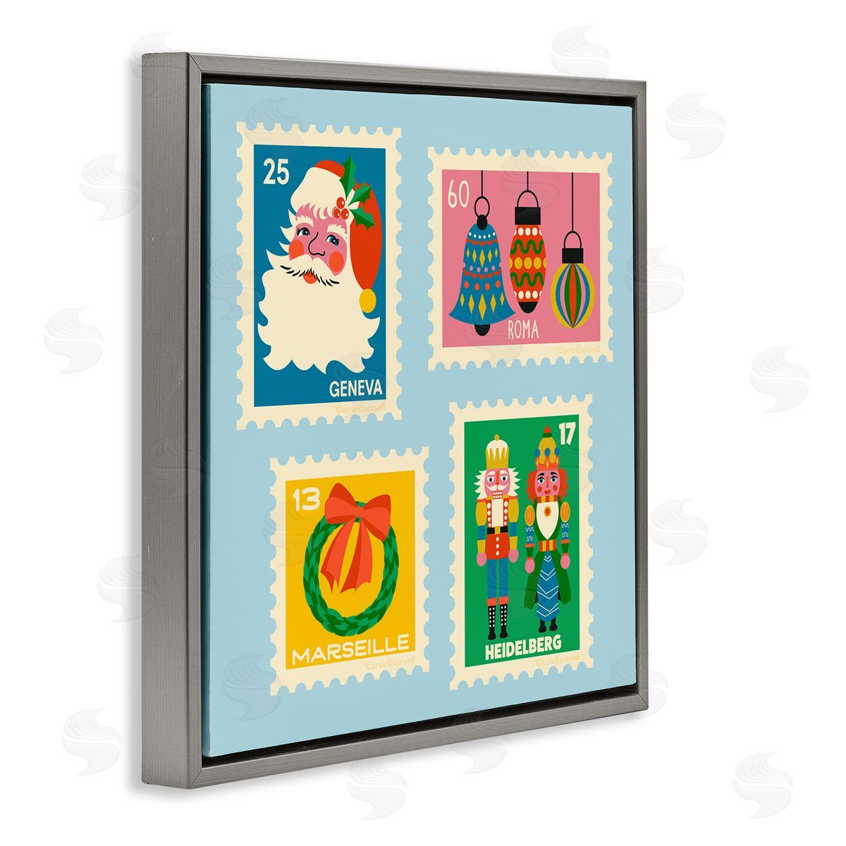 Vintage Christmas Postage Stamps Grey Floating Frame Canvas Wall Art, Home Decor by Carrie Cantwell
