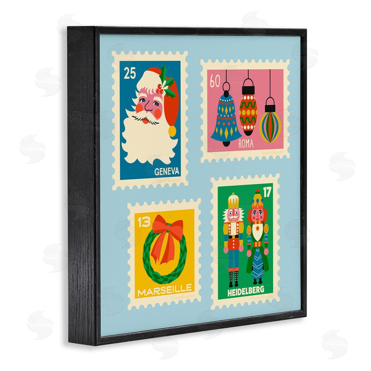Vintage Christmas Postage Stamps Black Frame Print Wall Art, Home Decor by Carrie Cantwell